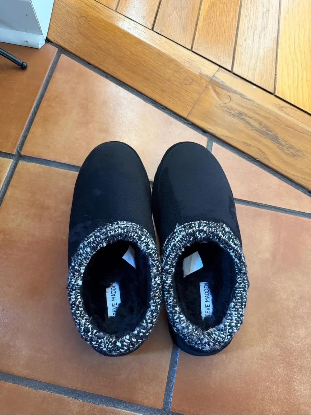 Steve Madden Black Slip-On Fleece-Lined Booties with Tweed Cuff